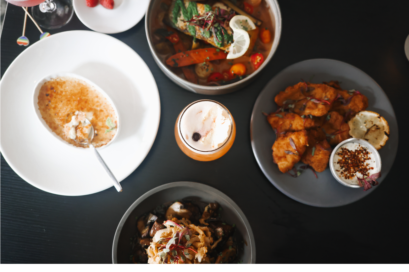 Variety of dishes and cocktails.