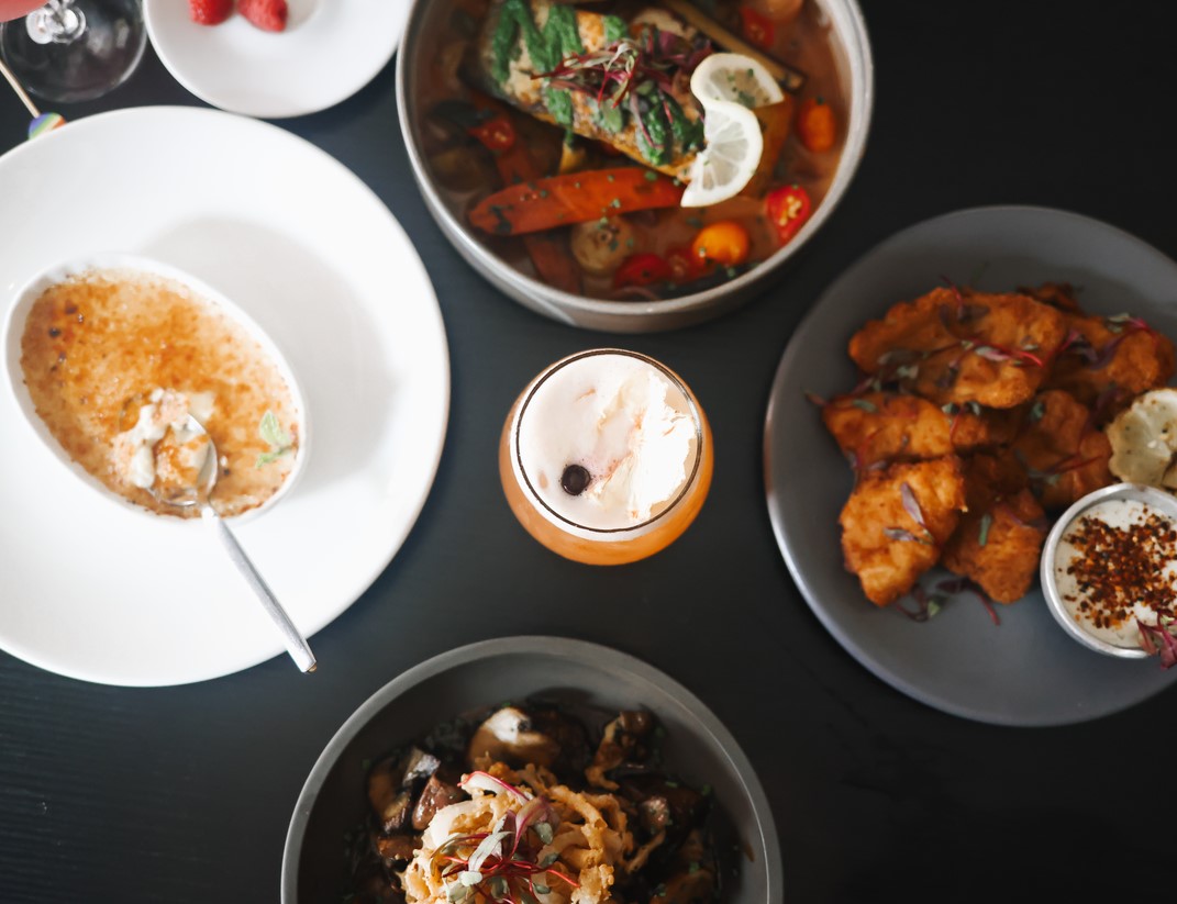 Variety of dishes and cocktails.